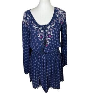 Mason Belle Blue Boho Embroidered Long Sleeve Dress with Smocked Waist Size L